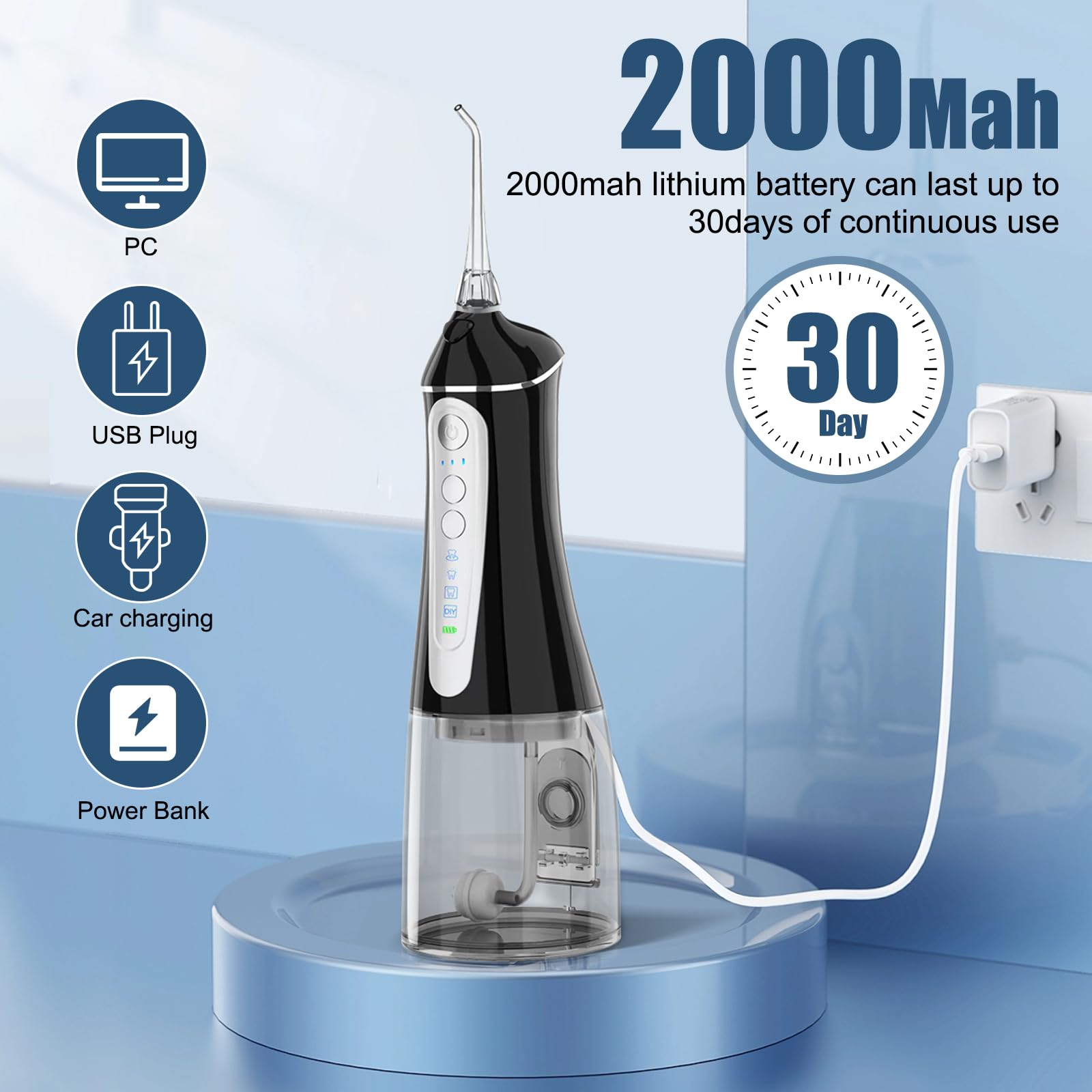 NBGRLVS Water Dental Flosser for Teeth Cleaning Cordless - 4 Modes 3 intensities Cleaner Picks，IPX7 Waterproof 320ML Oral Irrigator, Powerful Battery Rechargeable Flossing Portable for Travel Home