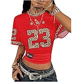 SweatyRocks Women's Graphic Jersey Shirts Half Sleeve Crewneck Leopard Y2k Tees Ruched Number T Shirt