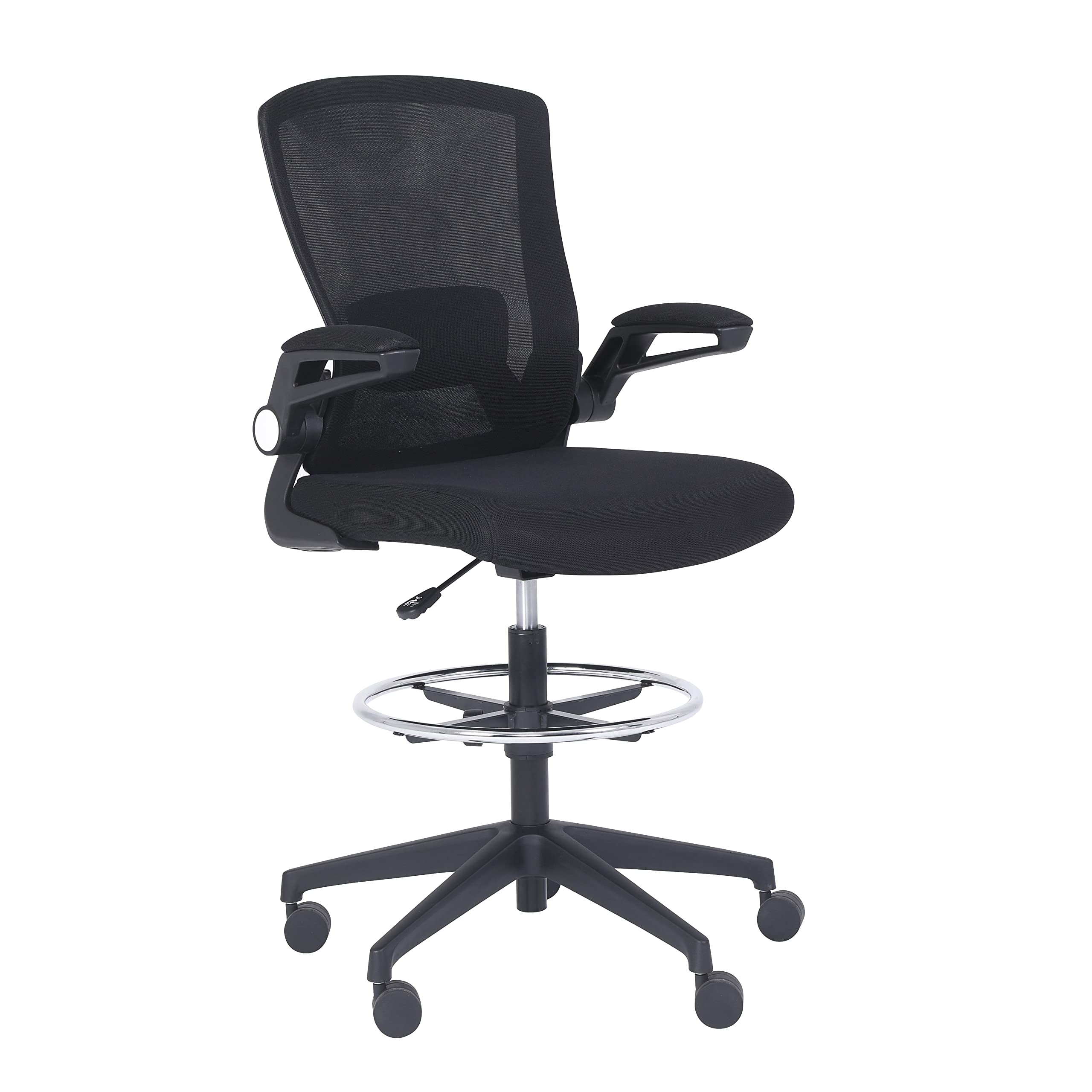 Photo 1 of Amazon Basics Mid-Back Mesh Office Drafting Chair Stool with Adjustable Footrest, Flip-Up Arms, Black