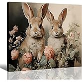 Vintage Easter Bunny & Floral Canvas Wall Art 8x12, Framed Cozy Spring Prints Pictures, Easter Rabbit Canvas Artwork for Bedroom, Living Room, Office, Cute Farmhouse Home Wall Decor