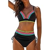 popvil High Waisted Bikini Sets: Neon Swimsuits for Women Tummy Control Two Piece V Neck Drawstring Bathing Suits