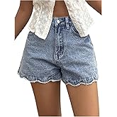 SHENHE Women's Denim Shorts High Waisted Scalloped Frayed Raw Hem Casual Jorts Jean Shorts