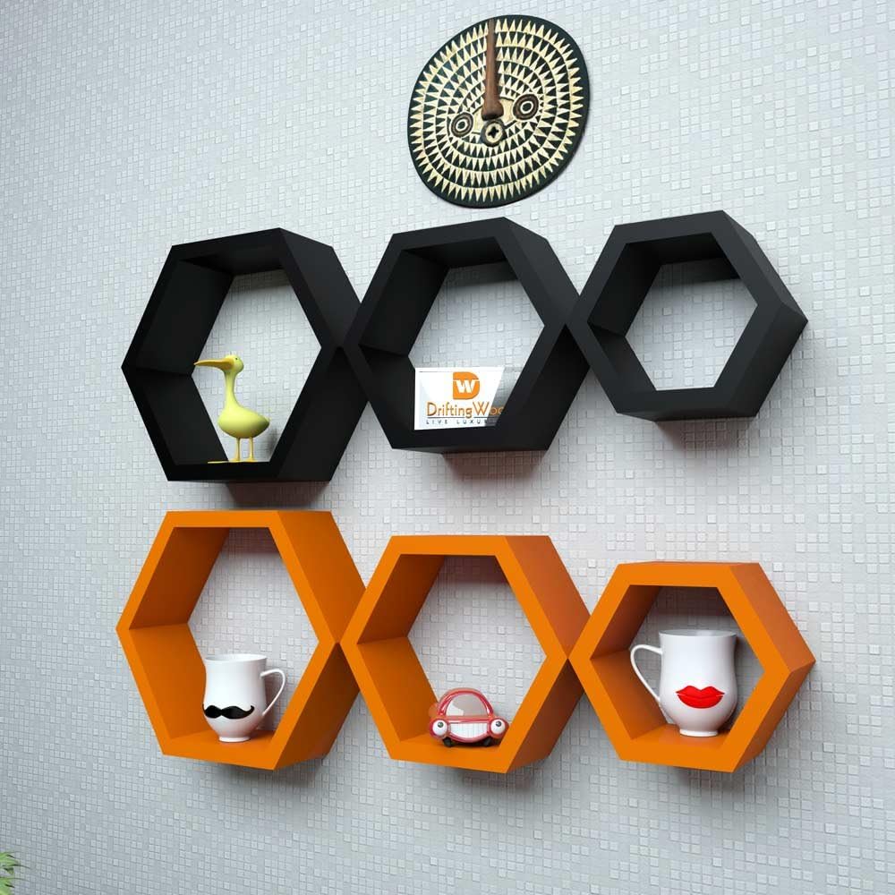 Driftingwood Wall Shelf Rack Hexagon Shape Storage Wall Shelves - Orange & Black