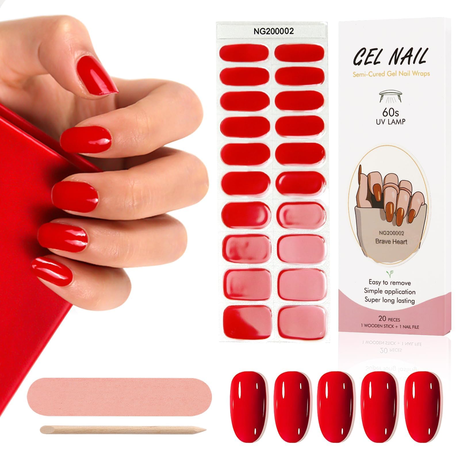 Kalolary Semi Cured Gel Nail Strips, 20pcs Long Lasting Gel Nails Art Wrap with Any Lamps Easy Apply&Remove with Nail File & Stick
