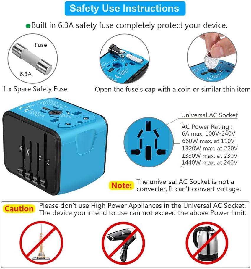 SAUNORCH Universal International Travel Power Adapter W/Smart High Speed 2.4A 4xUSB Wall Charger, European Adapter, Worldwide AC Outlet Plugs Adapters for Europe, UK, US, AU, Asia-Blue: Electronics
