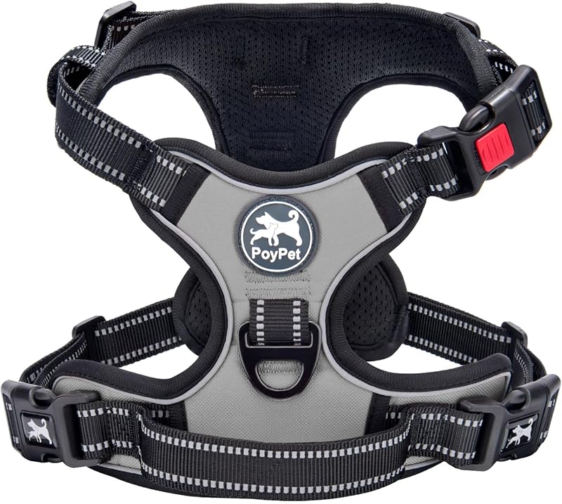 PoyPet No Pull Dog Harness Reflective Front Chest Clip Grey S