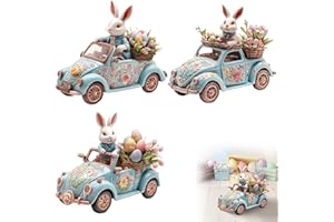2D Easter Bunny Driving Car Figurine, Acrylic Tabletop Decoration with Floral Design, Blue Vintage Car with White Rabbit and 