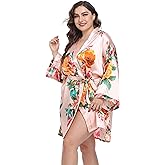 Women's Plus Size Floral Silky Robes Bride Bridesmaid Short Satin Bathrobe Kimono Loungewear Dressing Gown
