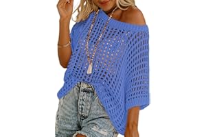 Sidefeel Women's Crochet Tops Short Sleeve Sweater 2024 Fashion Hollow Out Scoop Neck Pullover Knit Tops Cover Ups