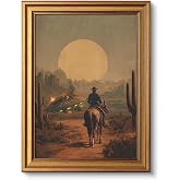VIYYIEA Gold Framed Canvas Wall Art, Cowboy Desert Sunset UFO Art, 12x16 In | Western Cowboy Horse Desert with Crashed UFO Painting, Rustic Southwest Landscape Artwork for Living Room Bedroom Office