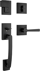 Baldwin Spyglass Single Cylinder Front Door Handleset Featuring Microban Antimicrobial Protection and SmartKey Security in Matte Black, Prestige Series Slim Door Handleset and Square Lever