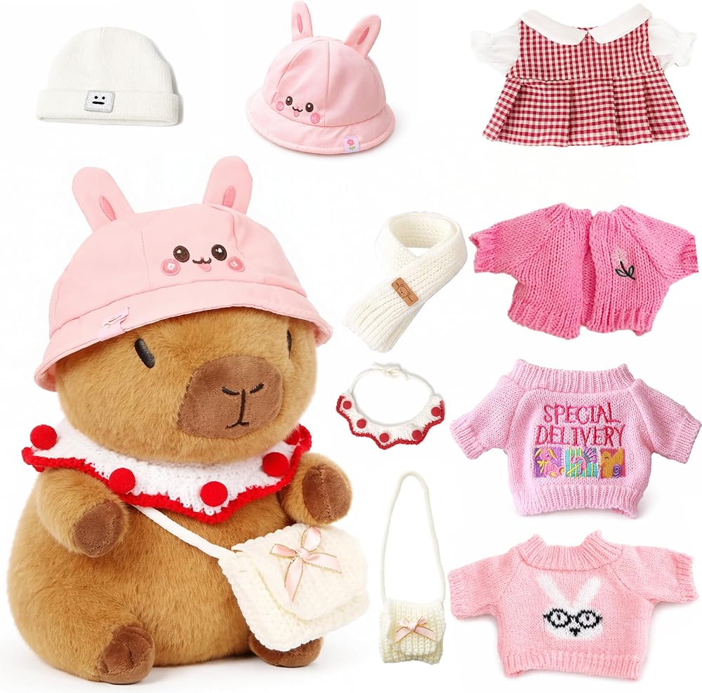TITQWOP Capybara 26cm Brown Plush Toy with 9 Accessories Pink Capybara