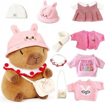 TITQWOP Capybara 26cm Brown Plush Toy with 9 Accessories Pink Capybara