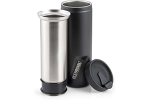 EcoVessel Travel French Press, Portable Coffee Maker, Stainless Steel Insulated Coffee Press, Reusable Single Serve Bottle for On-The-Go Use, 14oz (Black)