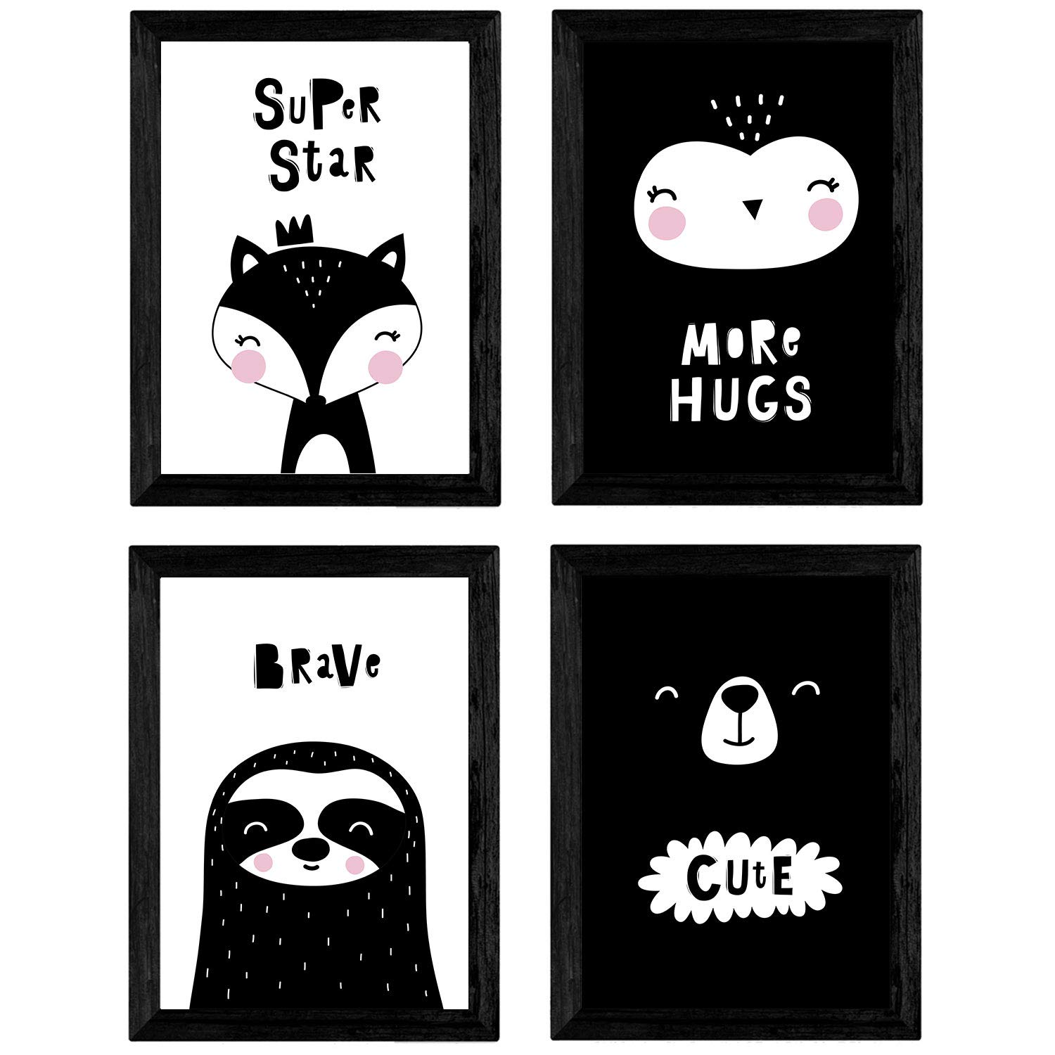 Nacnic Set of 4 sheets Bear, lazy, owl and fox. Posters animals. A3 size unframed