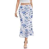 Esooland Women's Floral Mesh Midi Skirt Boho Y2k High Waisted Skirts for Spring Summer Fall Trendy