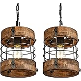 wochos Retro Industrial Metal and Wood Farmhouse Chandeliers, 1-Light Round Cage Pendant Light Fixtures for Farmhouse Kitchen
