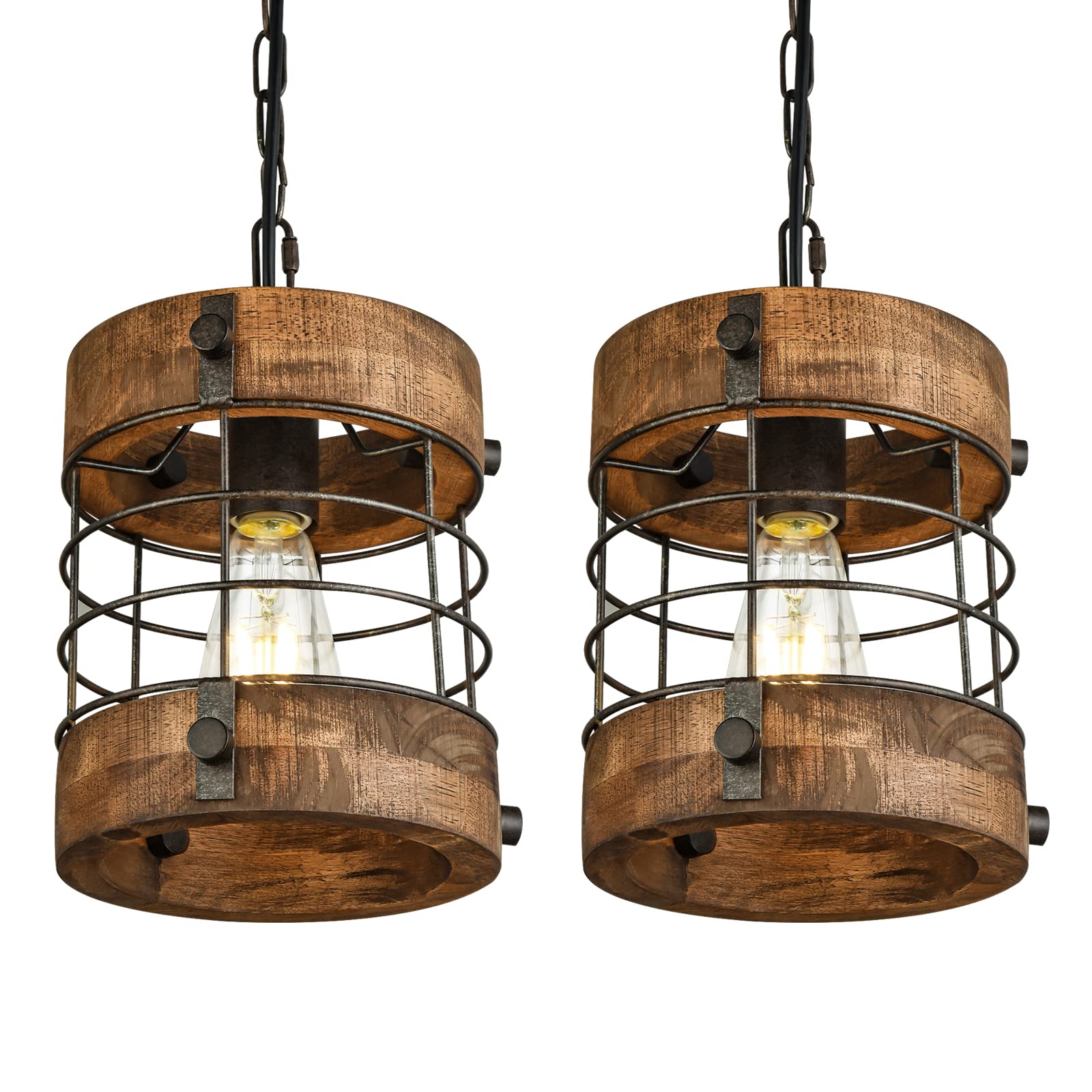 Photo 1 of ***PARTS ONLY ****wochos Retro Industrial Metal and Wood Farmhouse Chandeliers, 1-Light Round Cage Pendant Light Fixtures for Farmhouse Kitchen Island Foyer Hallway Bar Dining Room Restaurant, Brown, 2 Pack