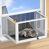 Cat Window Box Catio, Outdoor Indoor Cat Enclosure with Clear Panels, Mesh Sides &amp; PVC Curtain, Universal Window Perch for Windows 25"&ndash;43", Window Catio for Sunbathing, Napping &amp; Overlooking,Grey