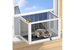 AMZOSS Cat Window Box Catio, Outdoor Indoor Cat Enclosure with Clear Panels, Mesh Sides & PVC Curtain, Universal Window Perch for Windows 25"–43", Window Catio for Sunbathing, Napping & Overlooking,Grey