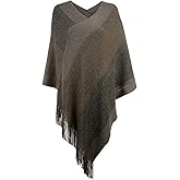 Women's Elegant Knitted Shawl Poncho with Fringed V-Neck Striped Sweater Pullover Cape Gifts for Women Mom