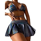 DaiLiWei 3 Piece Swimsuits for Women Festival Rave Outfits Metallic Glitter Bikini Sets Sexy Bathing Suit Beach Skirt 2026