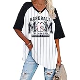 Baseball Mom Shirts for Women - Oversized V Neck Baseball Jersey Shirt Stripe Graphic Print Casual Tops Tees