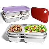 3 Pack Stainless Steel Snack Containers with Lids,2-Compartment 16.9 oz Leak Proof Lid Reusable Salad Box for Snacks,Fruits,Dips,Meal Prep and Travel,Takeout&Outdoor Camping(Red,Purple,White)