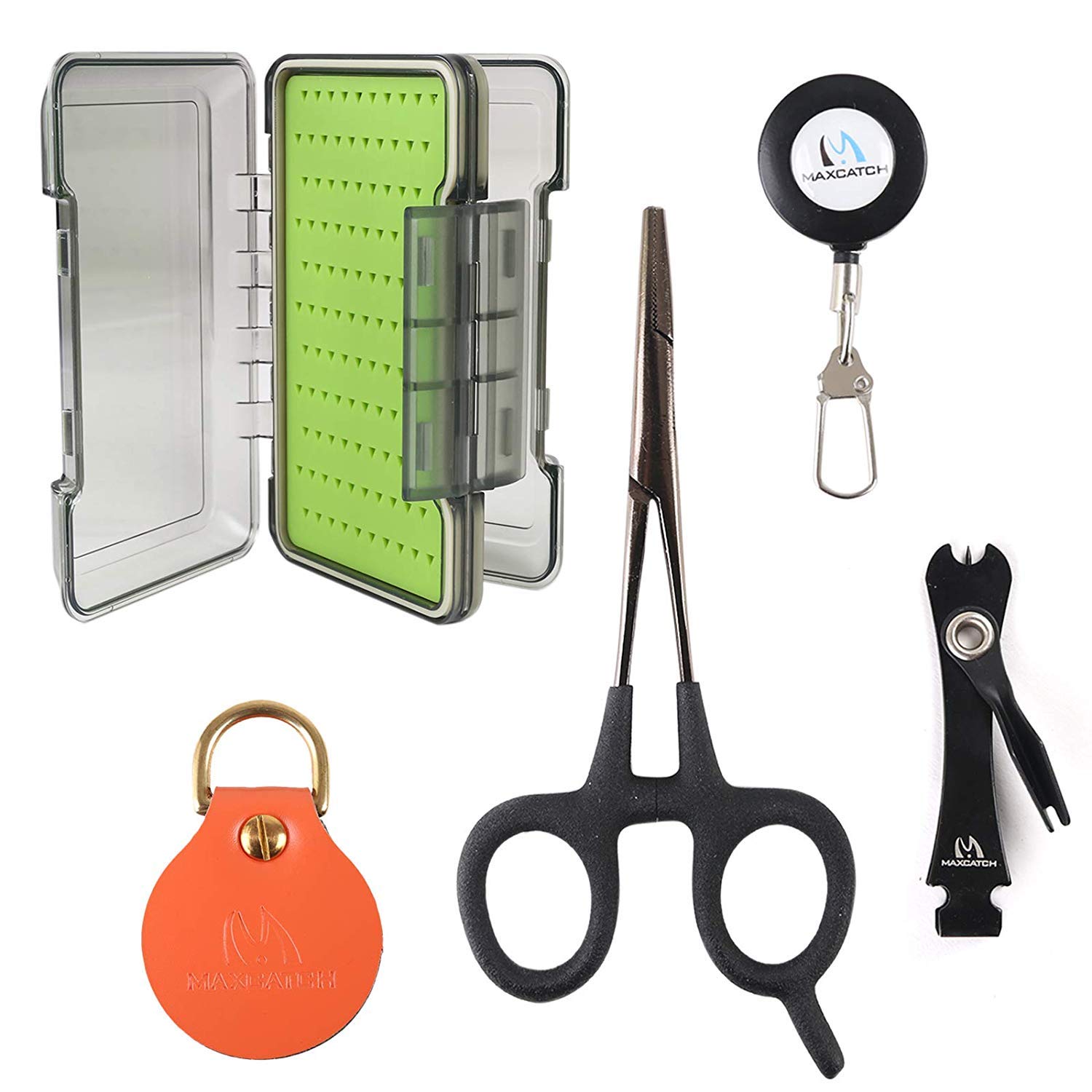 Maximumcatch Maxcatch Fly Fishing Box with Accessories Vest Pack Tool Combo Line Nipper/Forceps/Zinger/Leader Straightener (UMSA Fly Box+Accessories)
