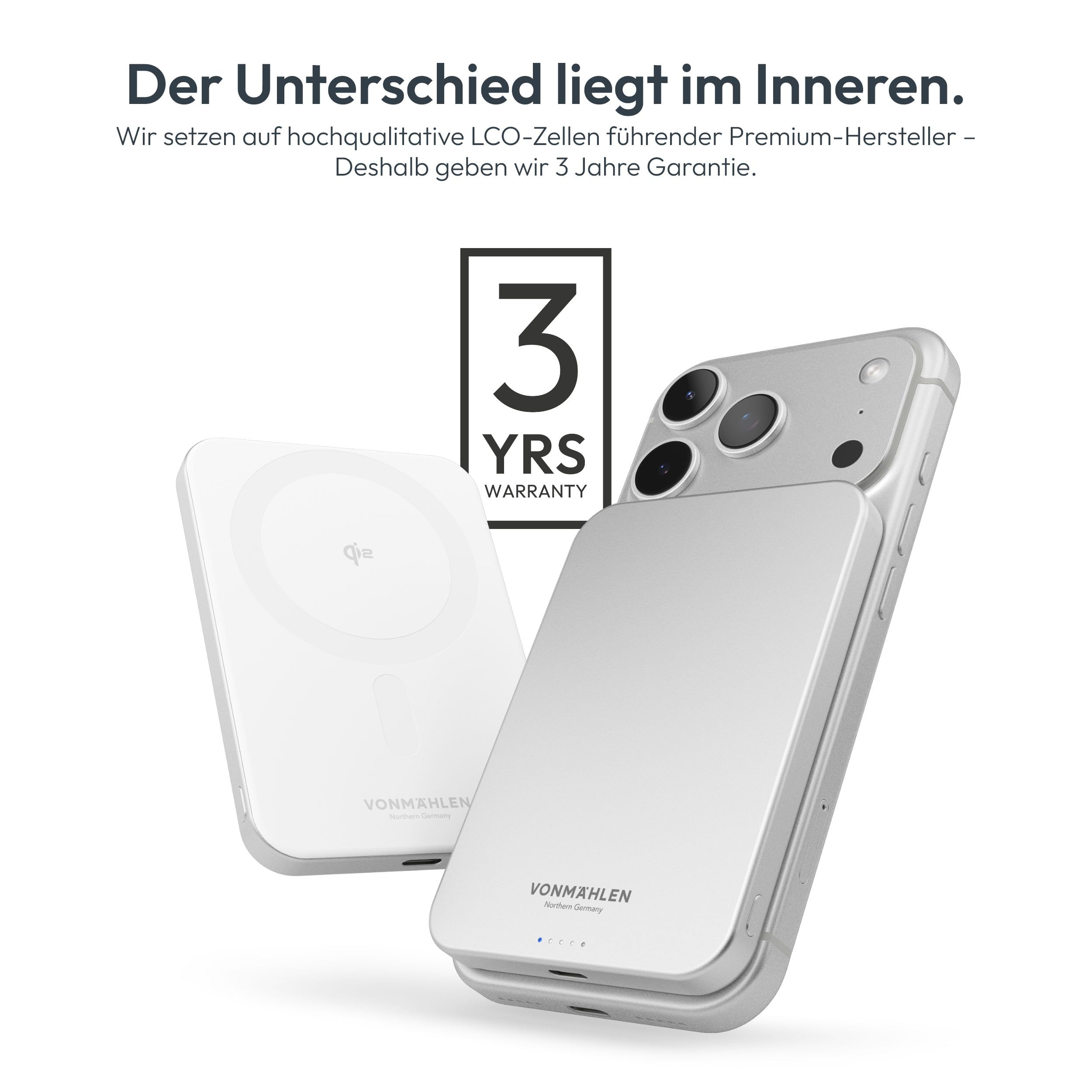 VONMÄHLEN Evergreen Mag - Wireless Powerbank kompatibel mit MagSafe - Ultra Thin, Tragbares Ladegerät mit 5000mAh Kapazität und 15W Drahtloses Laden, magnetische Powerbank (QI2-zertifiziert) - White 8