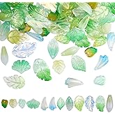 SUNNYCLUE 1 Box 120Pcs 12 Styles Tree Leaf Beads Leaves Glass Beads Bulk Assorted Transparent Green Yellow Maple Plants Loose Spacers for Jewelry Making Bracelets Necklaces DIY Crafts Accessories