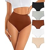 ASIMOON High Waisted Bikini Underwear for Women Tummy Control Cotton Panties Soft Strech No Muffin Cheeky Panty Multi Pack