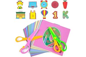 Koogel Toddler Scissors Practice Kit for Ages 3-5, 2 Training Blunt Tip Safety Scissors & 120 Sheets Paper Cutting for Early Preschool Development Tools, Hand-Eye Coordination, Learn to Cut Line Skill