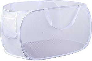 LVXINLI foldable laundry basket, Pop Up Laundry Hamper, Collapsible Mesh dirty clothes hamper (Tear Proof, with Strong Handles) (White）