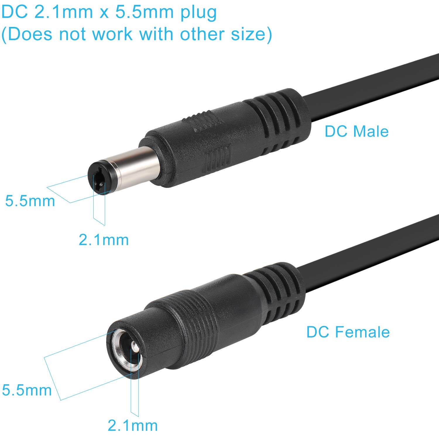 Uogw 2 Pack DC Power Extension Cable 10ft 2.1mm x 5.5mm Compatible with 12V DC Adapter Cord for CCTV IP Camera, LED, Car, Black