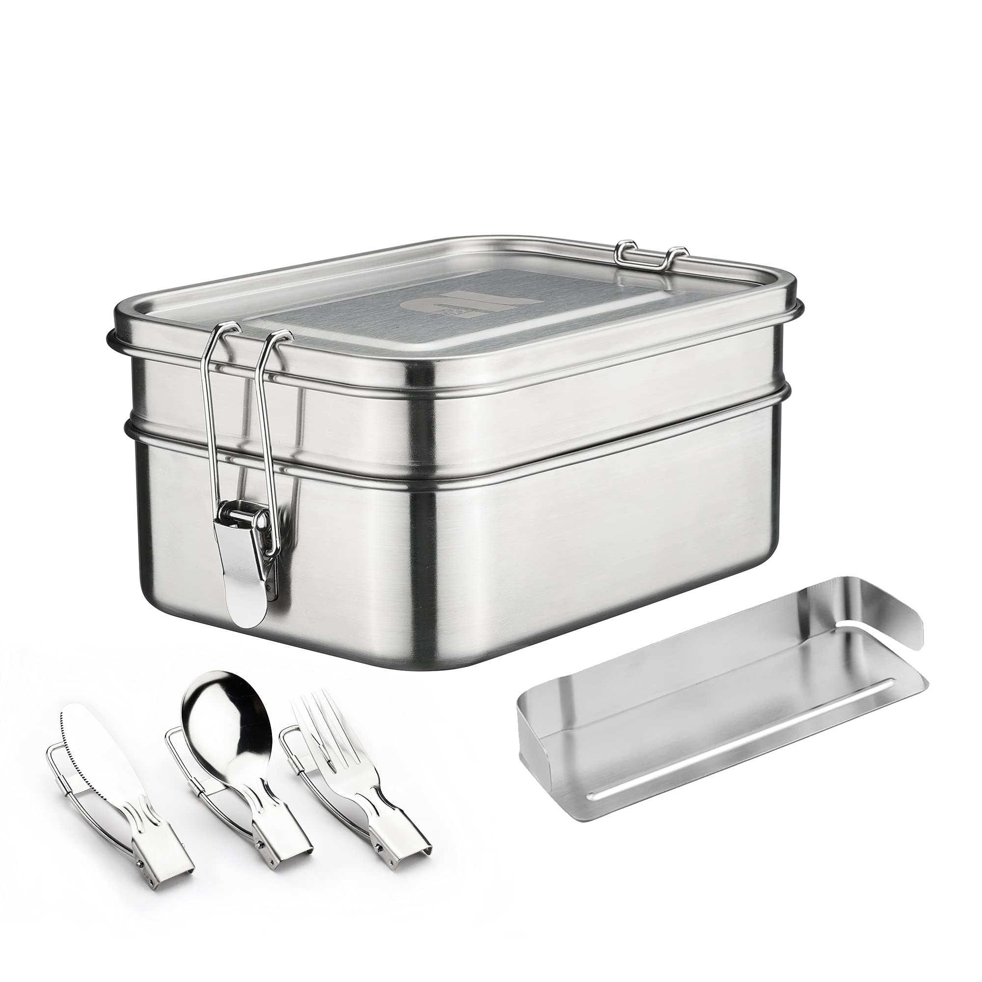 nicelock 2-Tier Stainless Steel Lunch Box with Folding Cutlery and Removable Divider (540ml, 800ml) - Reusable Metal Bento Container, Eco-Friendly, for Women Kids Work School
