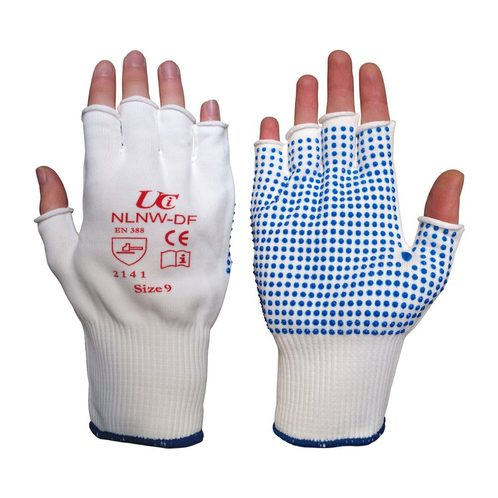 Ultimate Industrial NLNW-DF/08 NLNW-DF Fingerless Nylon Dotted Gloves, 1 Pair, Size 8/Medium, White/Blue
