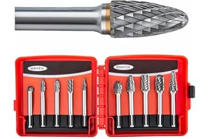 HIDOTOL 1/4" shank Carbide Burr Set Tungsten 10PC Double Cut Carbide Rotary Burr Set for Metal and Wood Carving, Grinding, Polishing, Engraving, Drilling with Plastic Box.