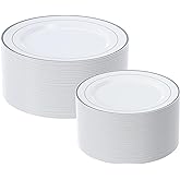 FOCUSLINE Silver Plastic Plates Set of 60, Disposable Plates with Silver Rim 30 Dinner Plates 10" and 30 Salad Dessert Appetizer Plate 7", Elegant Fancy Heavy Duty Wedding Party Plates