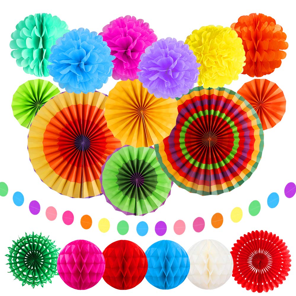 Dadabig Party Decoration, 20Pcs Rainbow Hanging Paper Fans Decoration Set, Colorful Hanging Paper Pompoms Flower Garlands Polka Dot Pom Poms Flower for Wedding, Carnivals, Festival and Mexican Party