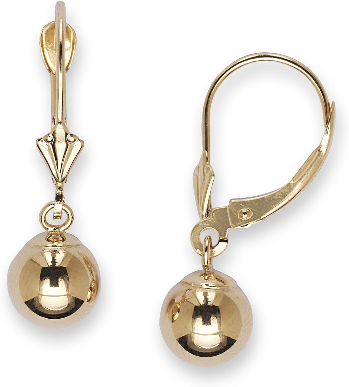 14K Yellow Gold Drop High Polish Round Ball Leverback Dangle Earrings
