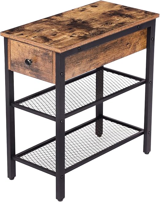 Amazon Com Hoobro Side Table Industrial End Table With Drawer And 2 Open Mesh Shelves Narrow Nightstand For Small Spaces Bedroom Living Room Office Space Saving Stable Metal Frame Rustic Brown Bf44bz01 Kitchen