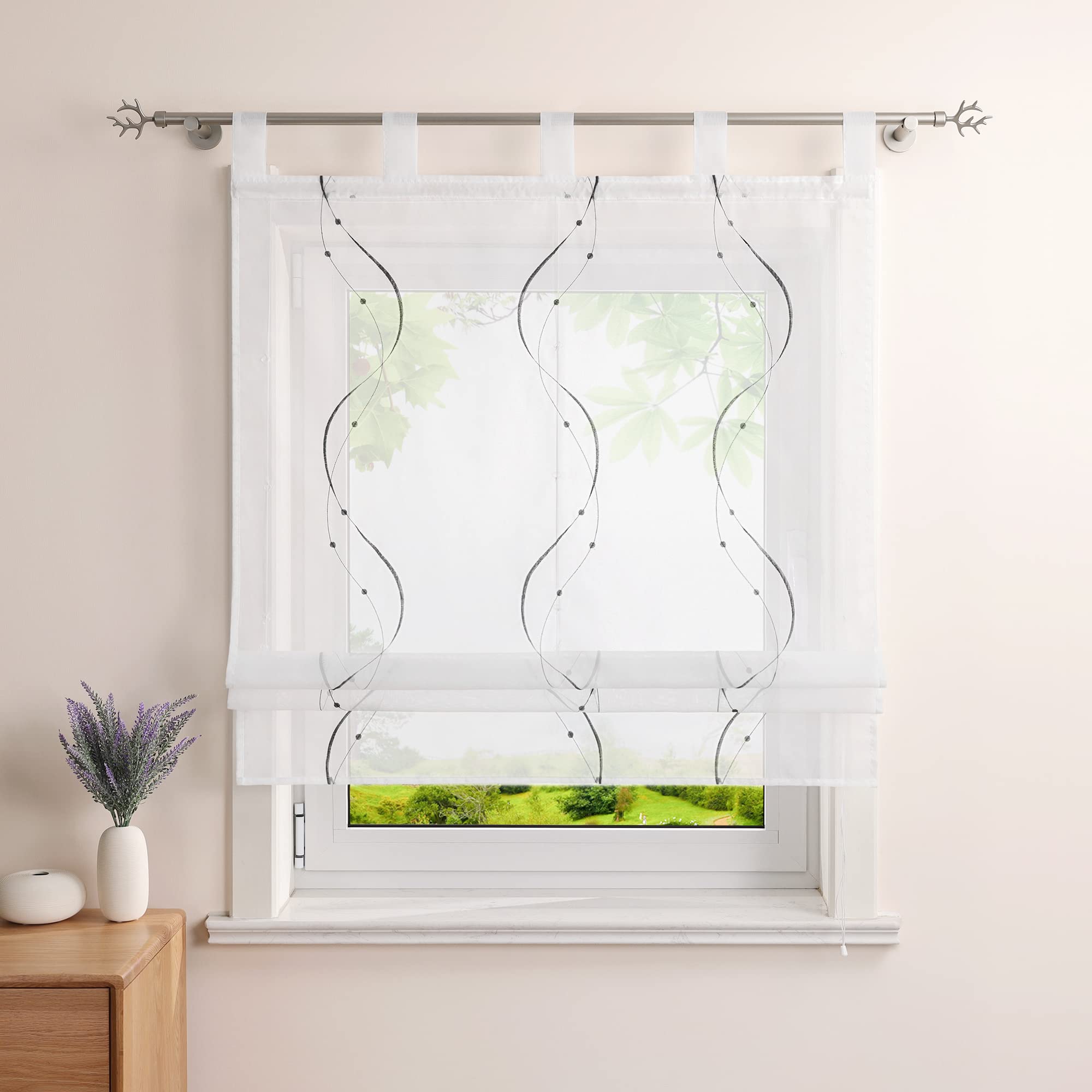 Heichkell Roman Blind with Loops Voile Transparent Curtain Embroidered Modern Roman Curtain for Kitchen Living Room Bedroom Grey W x H 100 x 140 cm