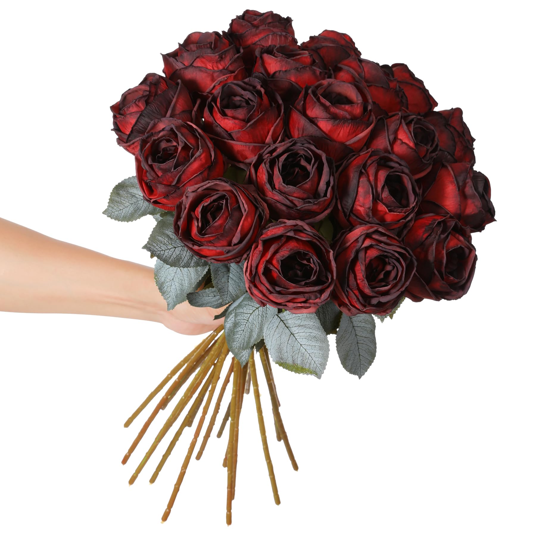 Kisflower 10 Pcs Artificial Rose Red Flower,20" in Tall Single Rose Long Stem Fake Flower,Silk Blossom Rose Realistic Flower for Table Office Party Wedding Home Decor(Burgundy Red,10pcs)
