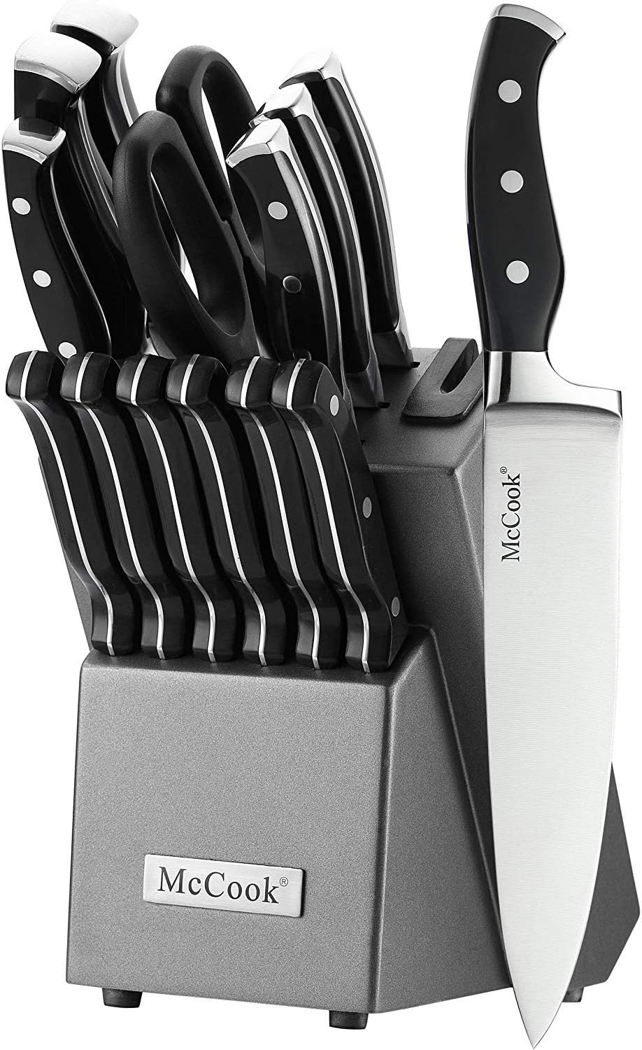 McCook MC25 Kitchen Knife Sets,14 Pieces German Stainless Steel Knife Set with Built-in Sharpener and Wooden Block