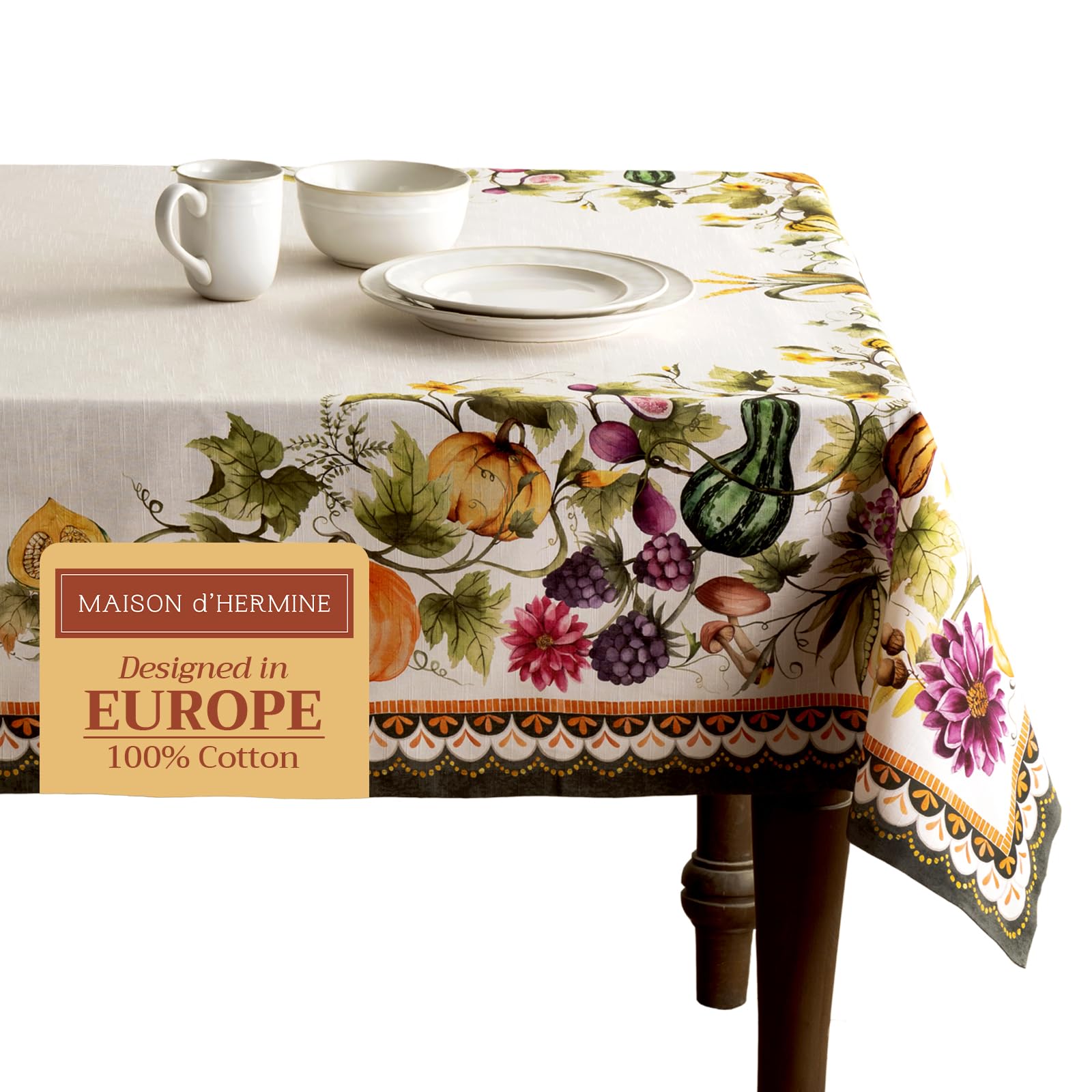 Maison d' Hermine Table Cloth Rectangle Table 100% Cotton 180 cm x 140 cm Tablecloth Reusable Everyday Use for Christmas Decorations Dining Farmhouse Party Festive (Pumpkin Garden - Cloudy Cream)