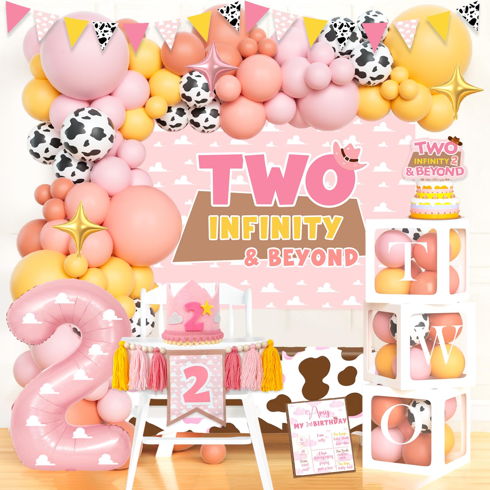 Photo 1 of Party Inspo Two Infinity and Beyond Birthday Decorations for Girls, 134 PCs - Cartoon Toy 2nd Birthday Party Supplies with Pink Toy Inspired Story Backdrop, Balloon Garland, Cake Topper