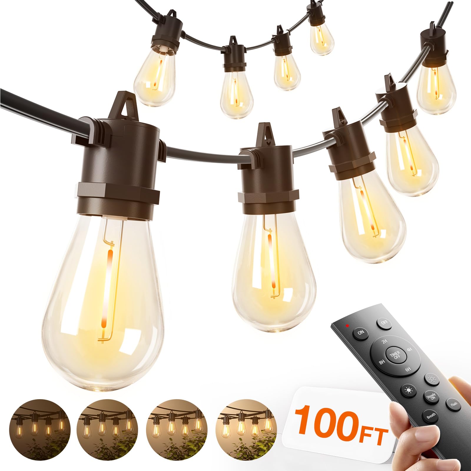 addlon 100FT LED Outdoor String Lights, Remote Dimmable Patio Lights with Timer & 3 Lighting Modes, 32 Shatterproof Edison Bulbs, Waterproof Connectable String Lights for Outside Backyard Porch Party Image