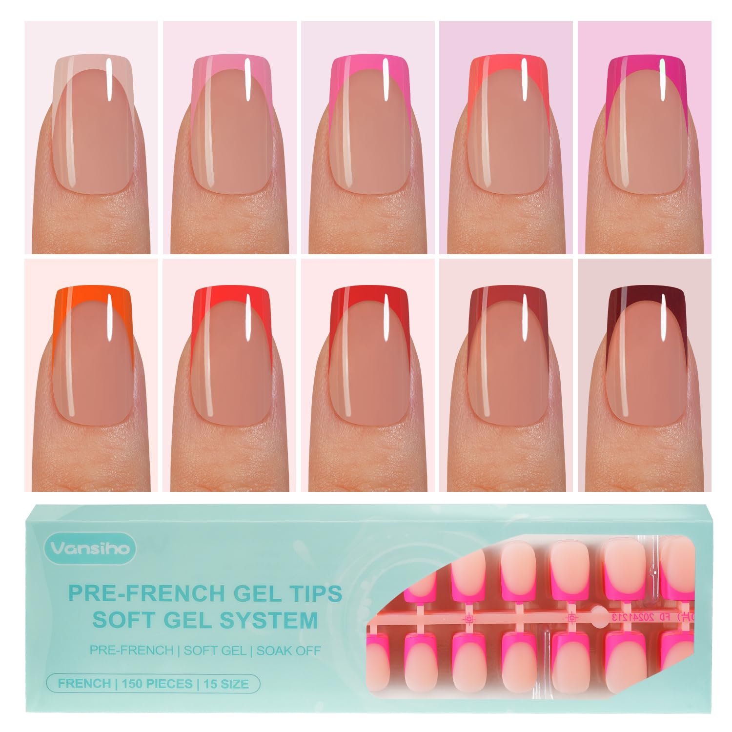 Photo 1 of 300Pcs French Gel Nail Tips, Vansiho Short Square Nail Tips, Pink Pre-French Tips Press on Nails, Acrylic Fake Nails for Nail Art DIY 15 Sizes