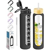 Nefeeko 32 oz Glass Water Bottles with Straw, Time Marker, Motivational 1 Liter BPA FREE Leakproof Reusable Glass Water Bottle with Silicone Sleeve, Bamboo, Spout Lid